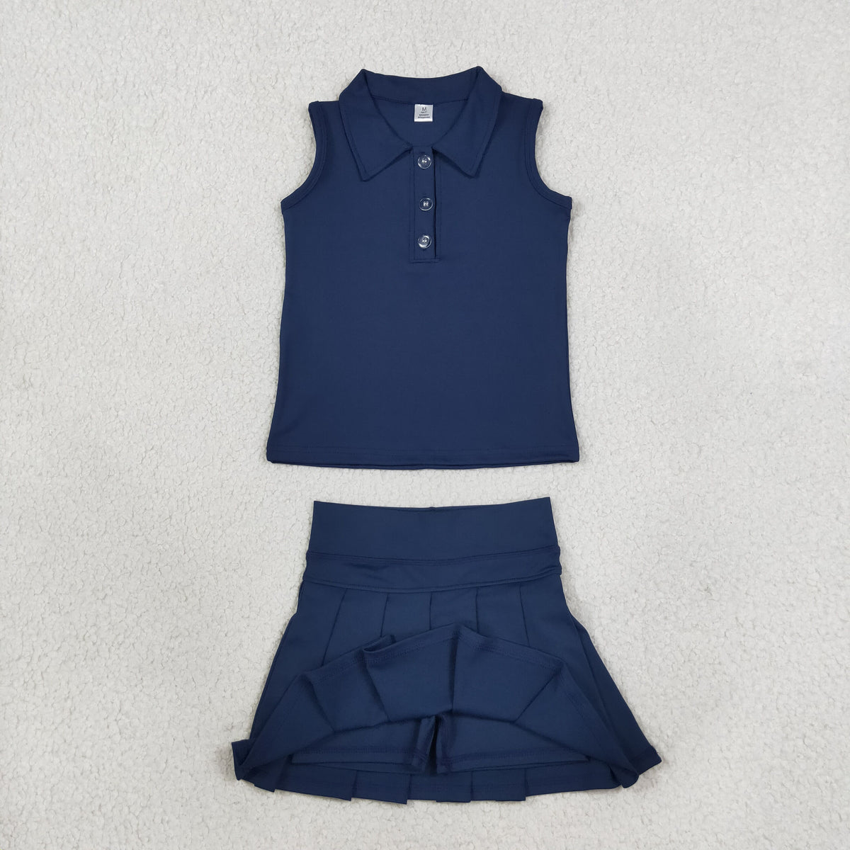 NEW RTS NO MOQ yoga fabric cotton GSD2796（GT1159+GLK0122）Baby Girls Navy Sleeveless Button Vest Top Pleated Skirt Short Yoga Casual Clothes Set