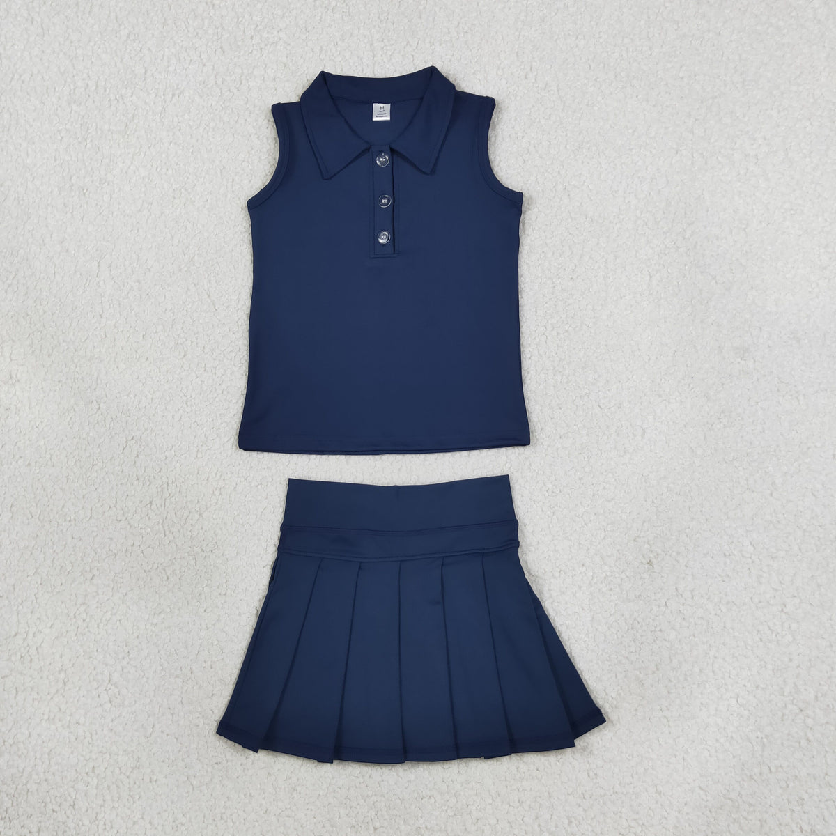RTS NO MOQ Sibling yoga fabric cotton Baby Girls Navy Long Sleeve Zip Jacket Sleeveless Polo Top And Pleated Skort Matching Set
