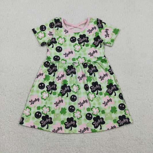 RTS NO MOQ GSD2840 Baby Girls Knee-Length Checked Dress with Green Clovers St Patrick's Day