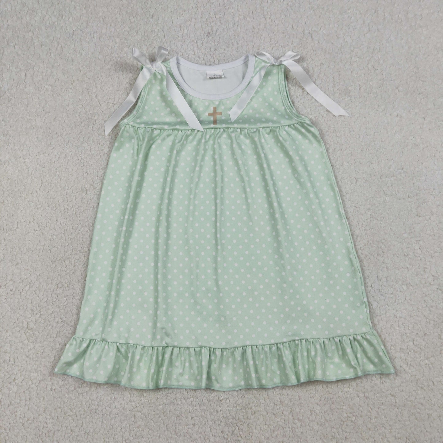 RTS NO MOQ GSD2860 Baby Girls Green Polka Dots Knee Length Ruffle Dress Easter Cross Outfit