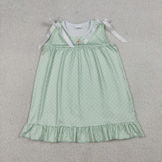 RTS NO MOQ GSD2860 Baby Girls Green Polka Dots Knee Length Ruffle Dress Easter Cross Outfit