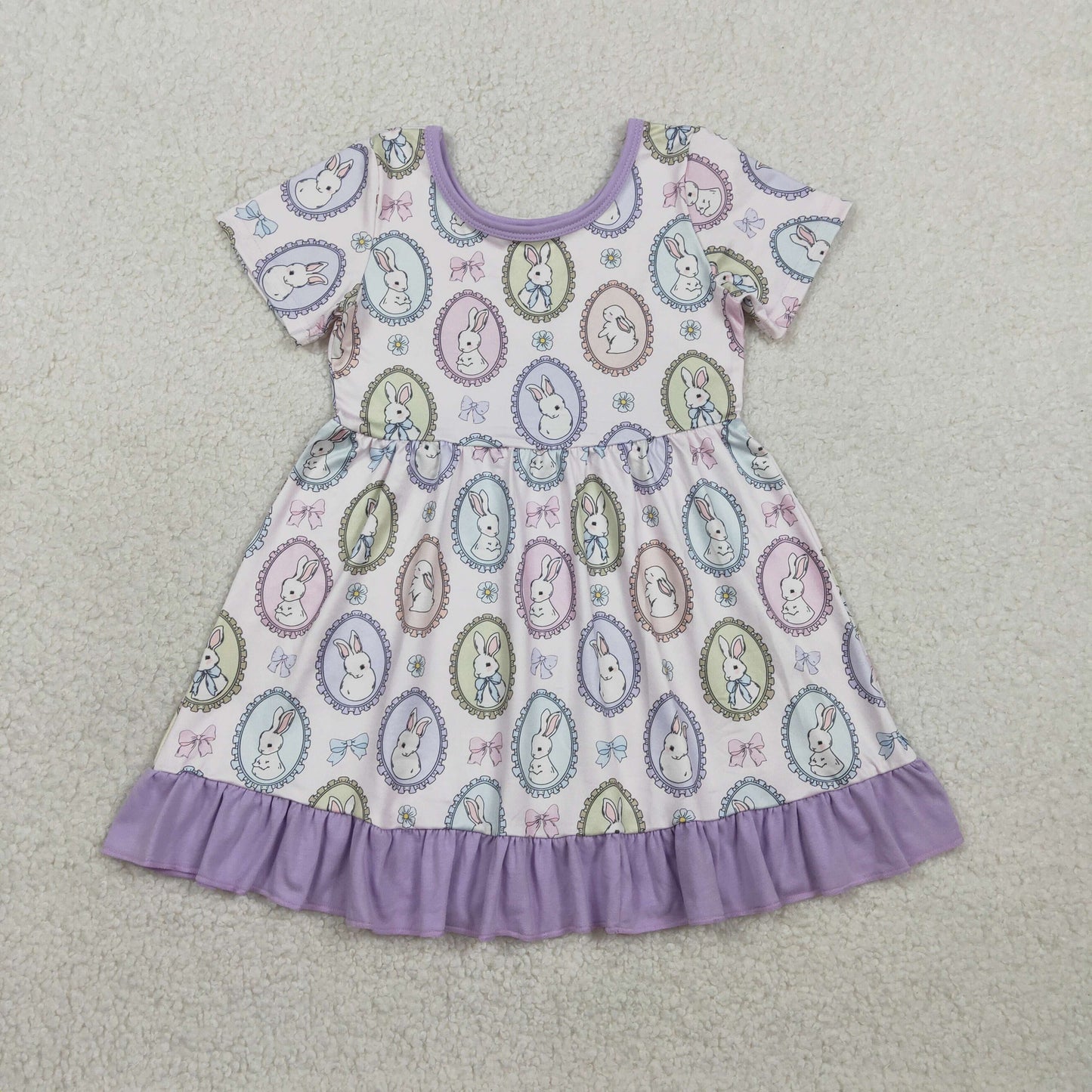 RTS NO MOQ GSD2863 Baby Girls Easter Ruffle Knee-Length Dresses with Bows And Rabbits