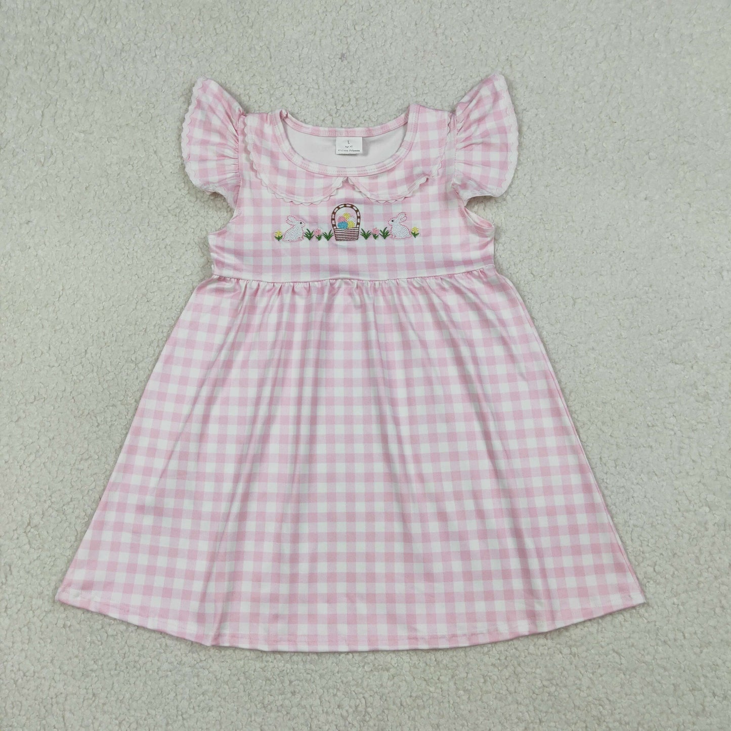 RTS NO MOQ GSD2913 Baby Girls Pink Checked Knee-Length Dress Embroidered Rabbits And Eggs Easter Casual Wear