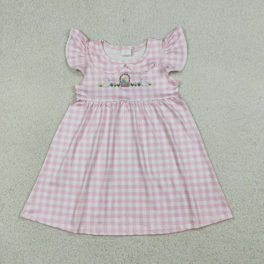 RTS NO MOQ GSD2913 Baby Girls Pink Checked Knee-Length Dress Embroidered Rabbits And Eggs Easter Casual Wear