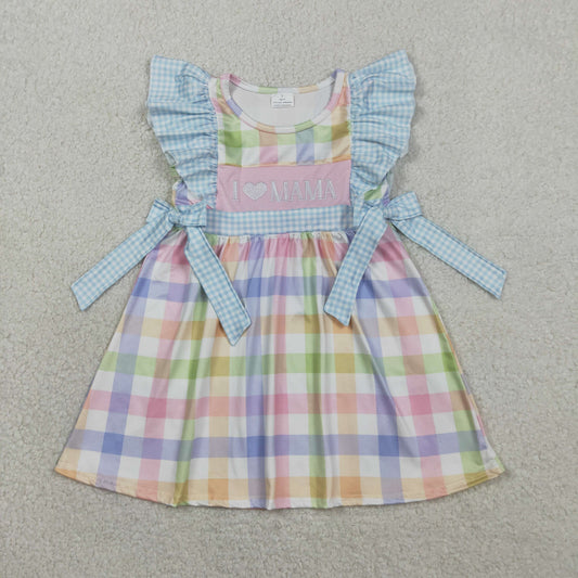 RTS NO MOQ GSD2940 Baby Girls Embroidered 'I Love Mama' Dress Colorful Checked Knee-Length Girls Dress