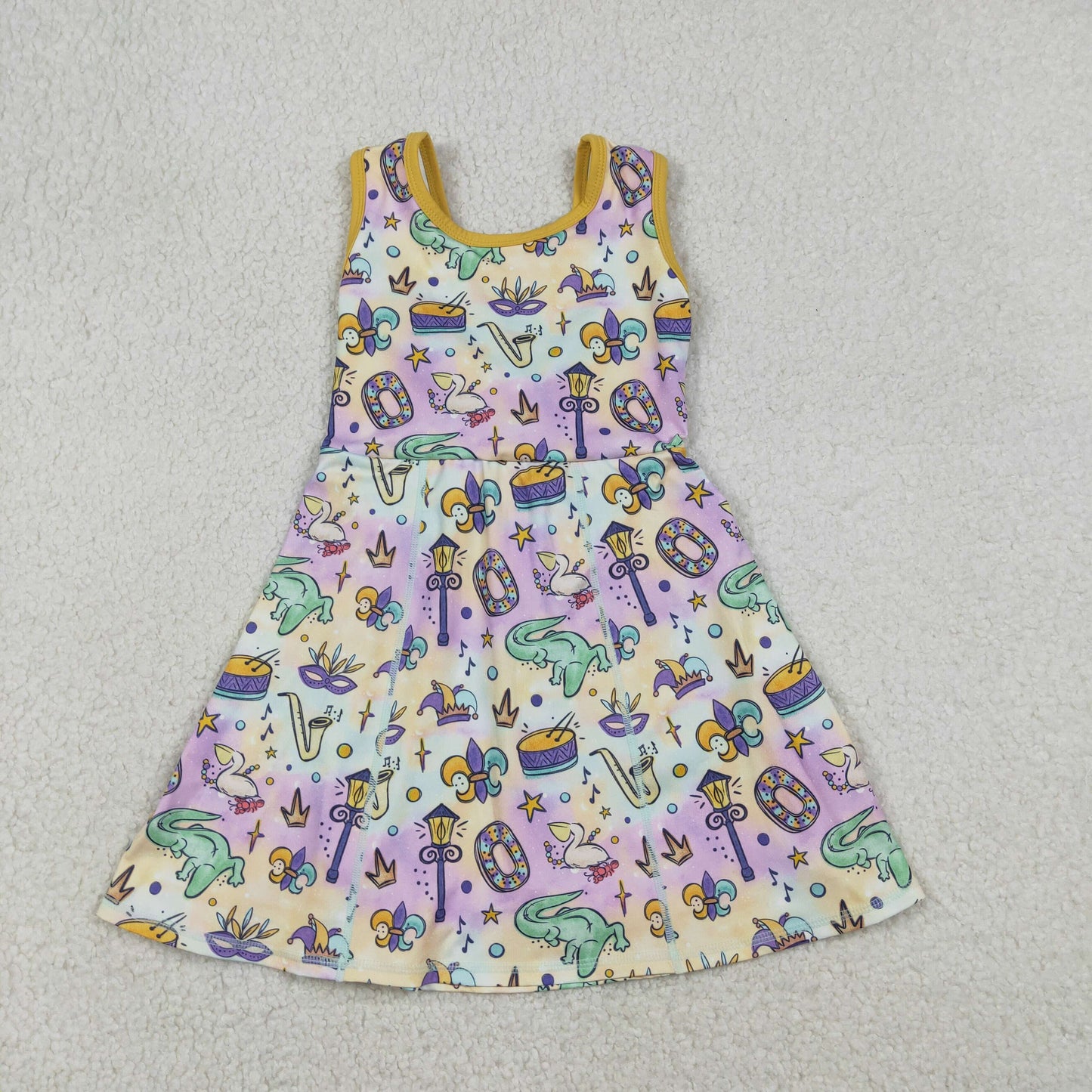 RTS NO MOQ Sibling Baby Girls Mardi Gras Anchors Print Yoga Shorts Knee-Length Dress Set Cute Festive Outfit for Little Ones