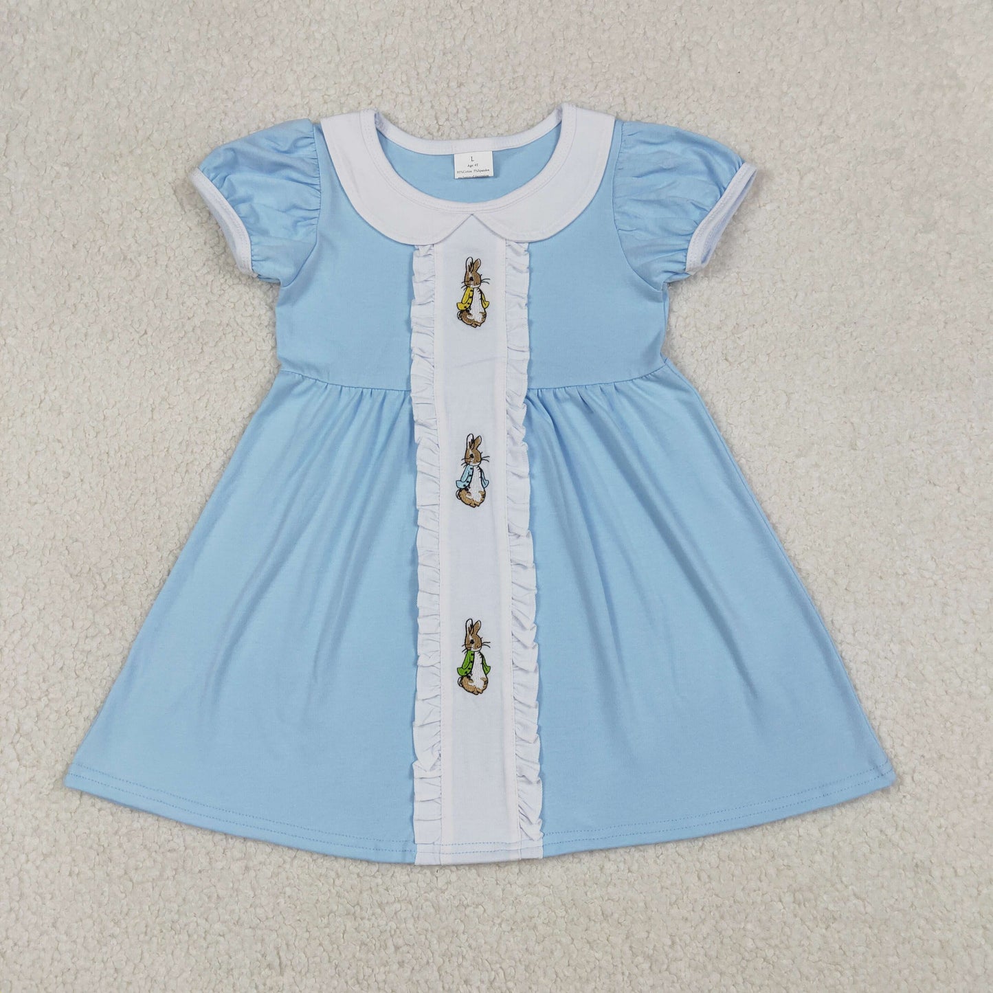 RTS NO MOQ Sibling Embroidery Rabbits Print Girls Knee-Length Dress Rompers Boys Collar Top Stripe Pockets Shorts Sets Romper