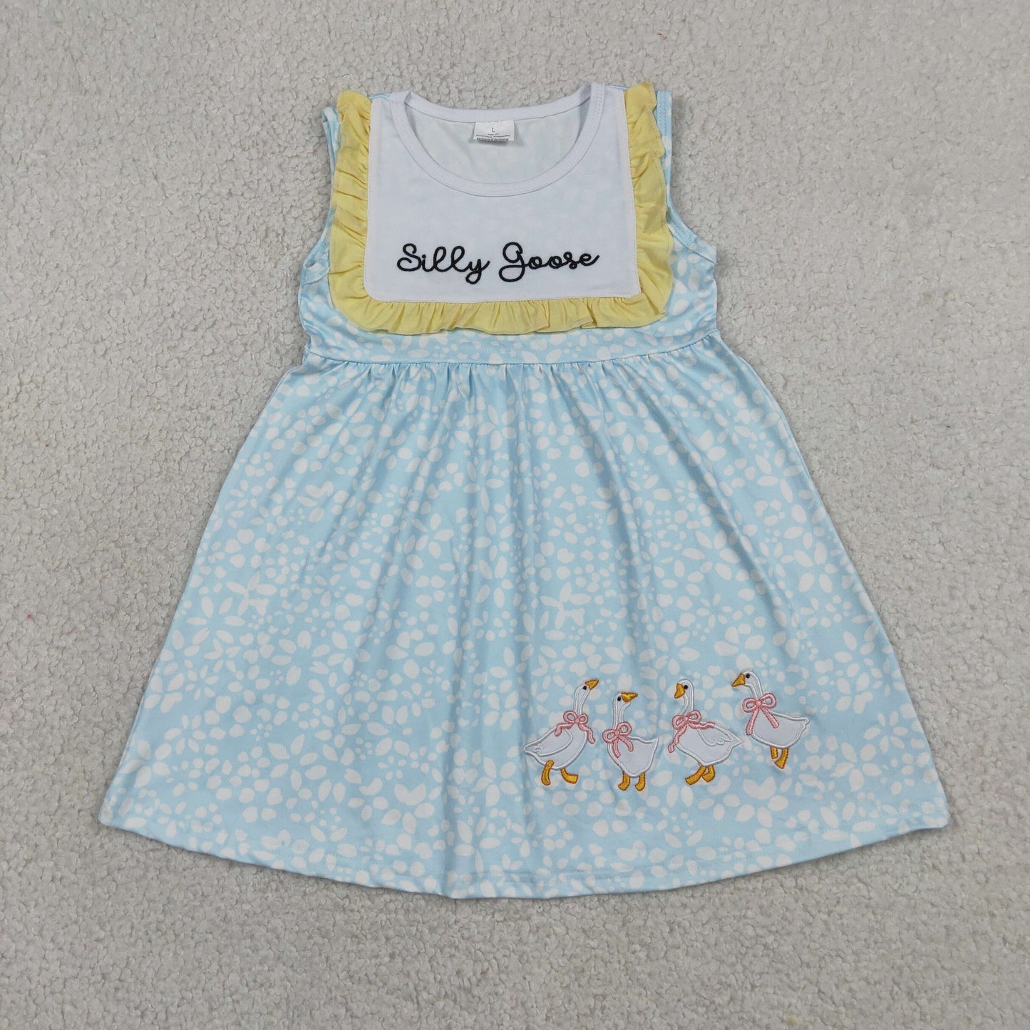 RTS NO MOQ milk silk GSD2970 Baby Girls Silly Goose And Flower Embroidery Sleeveless Knee Length Dresses