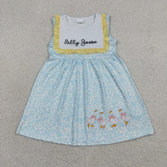 RTS NO MOQ milk silk GSD2970 Baby Girls Silly Goose And Flower Embroidery Sleeveless Knee Length Dresses