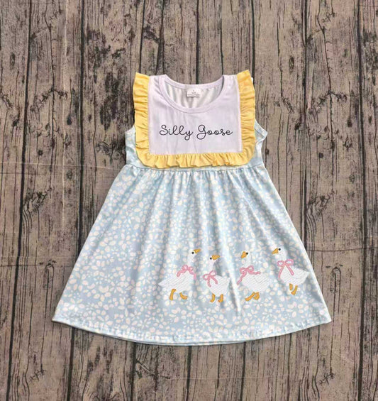 (Sample) No moq GSD2970 Embroidery Baby Girls Sweet Floral Goose Printed Sleeveless Knee Dresses