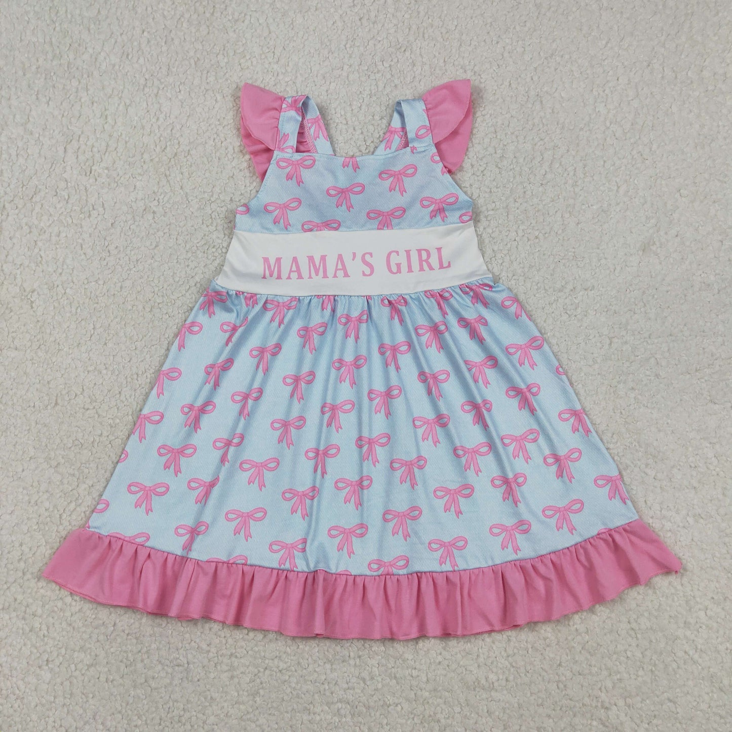 RTS NO MOQ Sibling Baby Girls Cute Flutter Sleeve Mama's Girl Print Bows Ruffle Knee Length Dresses Tunic Bummies Ruffle Rompers Sets
