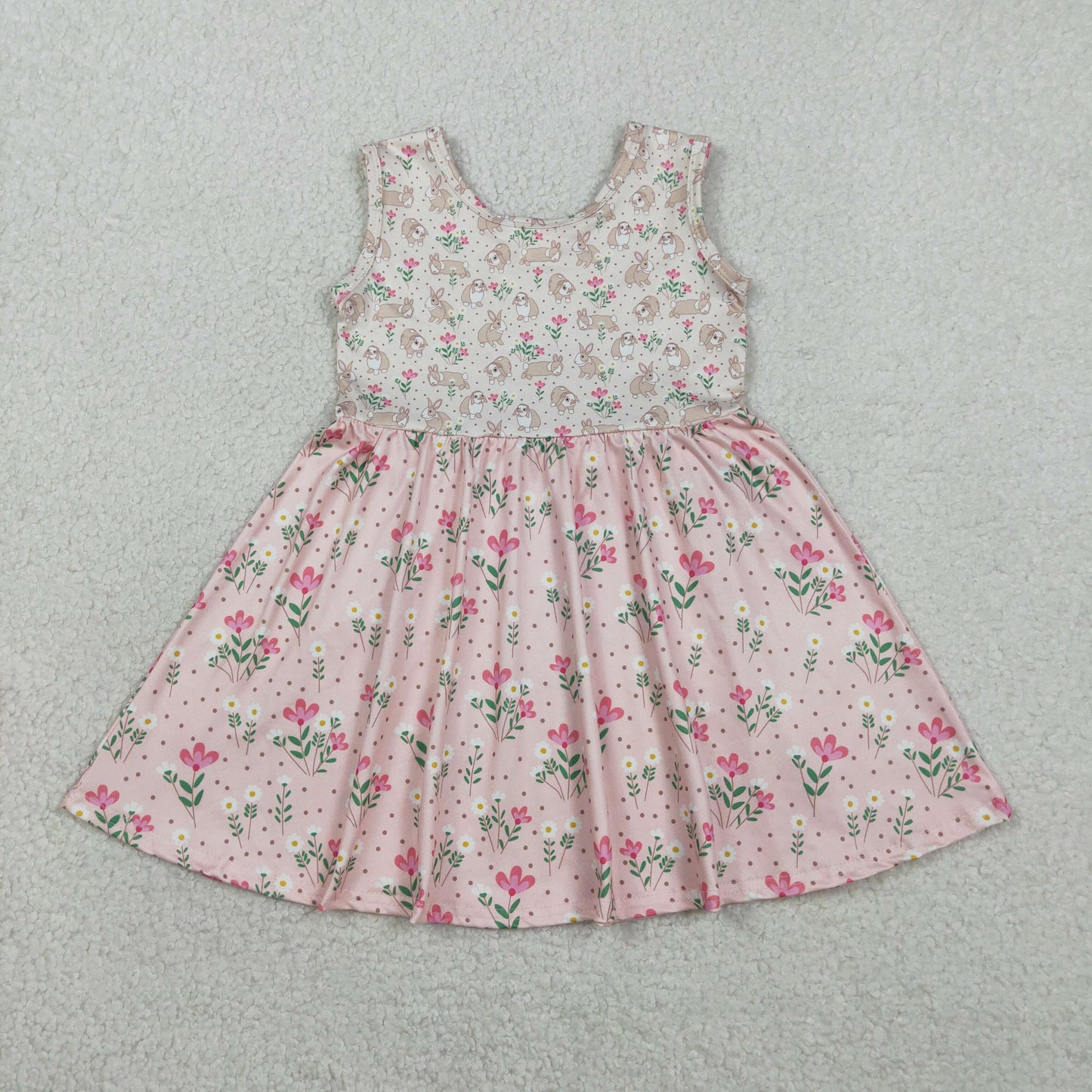 RTS NO MOQ GSD2984  Baby Girls Sleeveless Easter Dresses with Rabbits And Flowers Print Knee-Length Dress for Spring