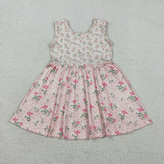 RTS NO MOQ GSD2984  Baby Girls Sleeveless Easter Dresses with Rabbits And Flowers Print Knee-Length Dress for Spring