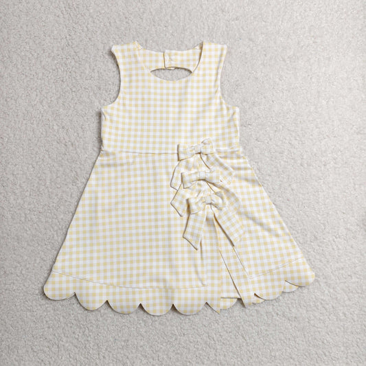 RTS NO MOQ yoga fabric GSD3027 Baby Girls Cute Yellow Check Sleeveless Knee Length Yoga Dress Summer Outfits