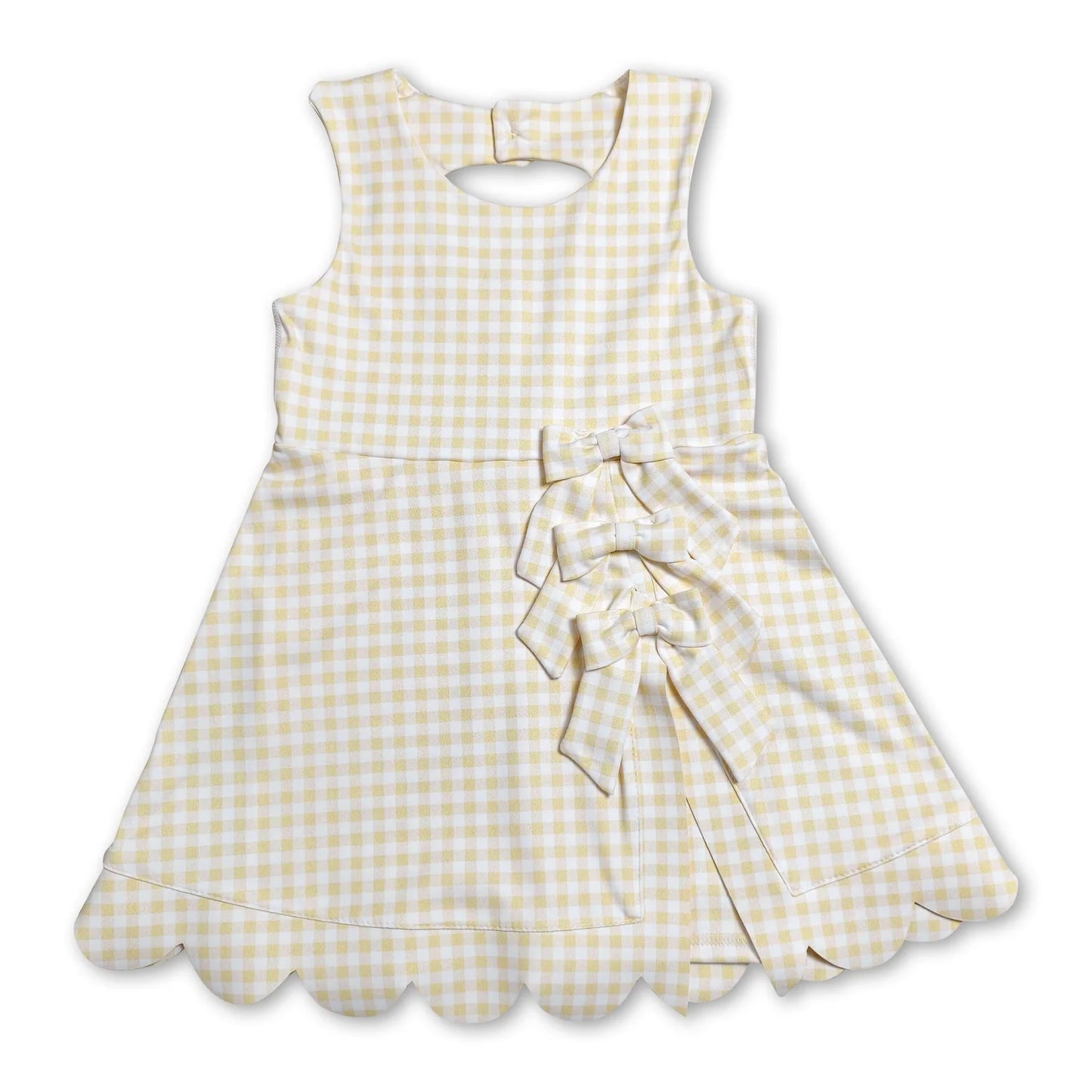 RTS NO MOQ Sibling yoga fabric Baby Girls Bow Scallop Trim Knee Length  Athletic Short Dress