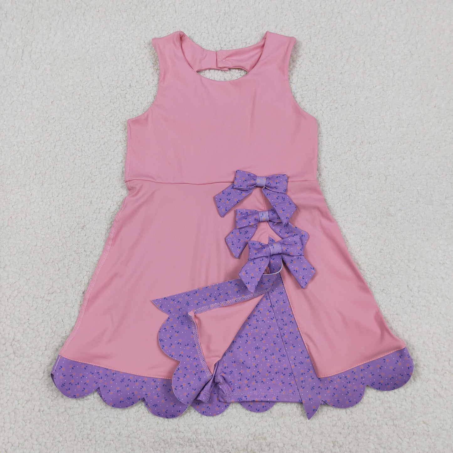 RTS NO MOQ Sibling yoga fabric Baby Girls Sleeveless Bow Scallop Trim Yoga Knee Length Dresses