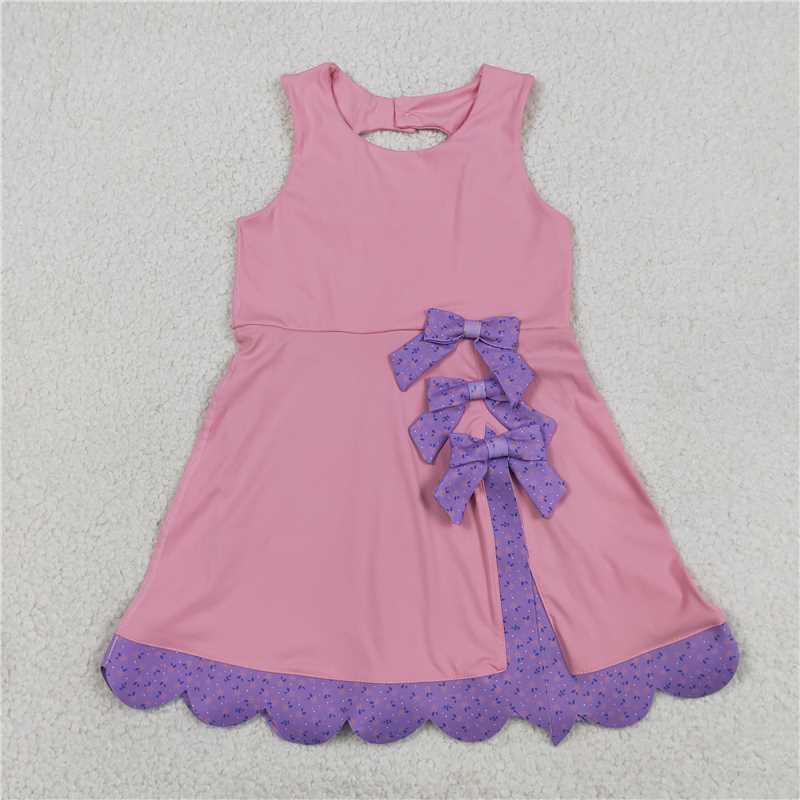 RTS NO MOQ Sibling yoga fabric Baby Girls Bow Scallop Trim Knee Length  Athletic Short Dress