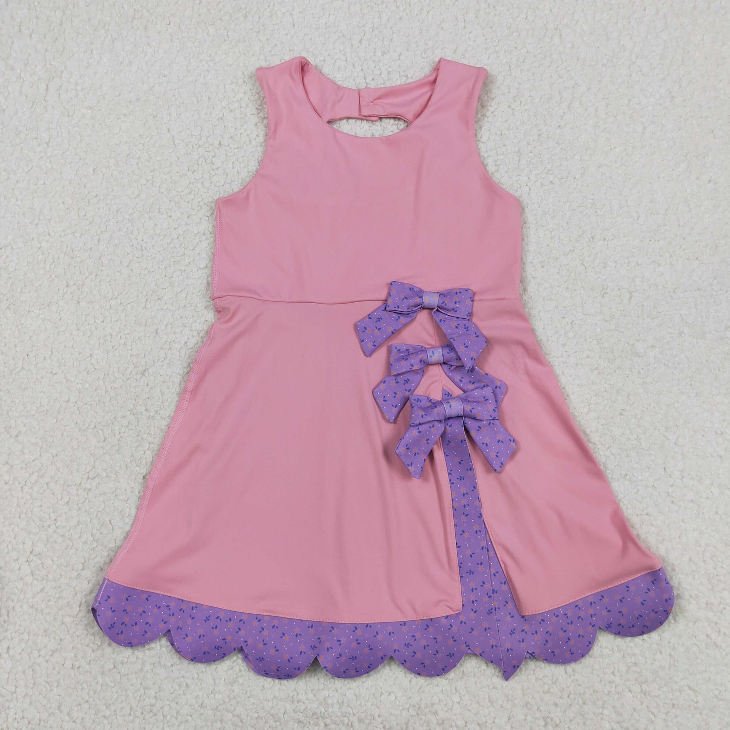 RTS NO MOQ yoga fabric GSD3028 Baby Girls Pink Purple Sleeveless Ruffle Scallop Bows Yoga Active Dresses