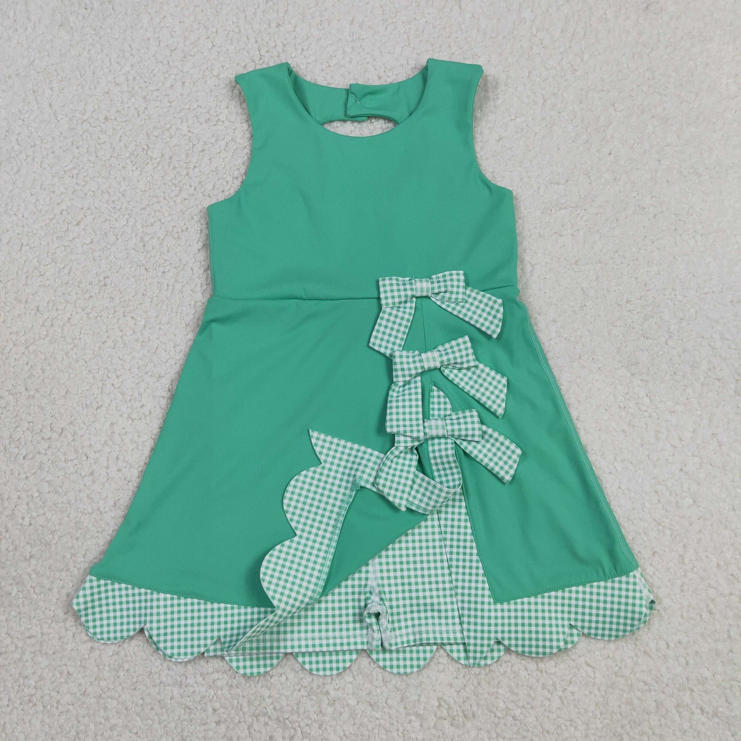 RTS NO MOQ Sibling yoga fabric Girls Green Vest Top Bows Skirt Shorts Yoga Active Scallop Sets Shorts Bows Scallop Knee Length Dresses