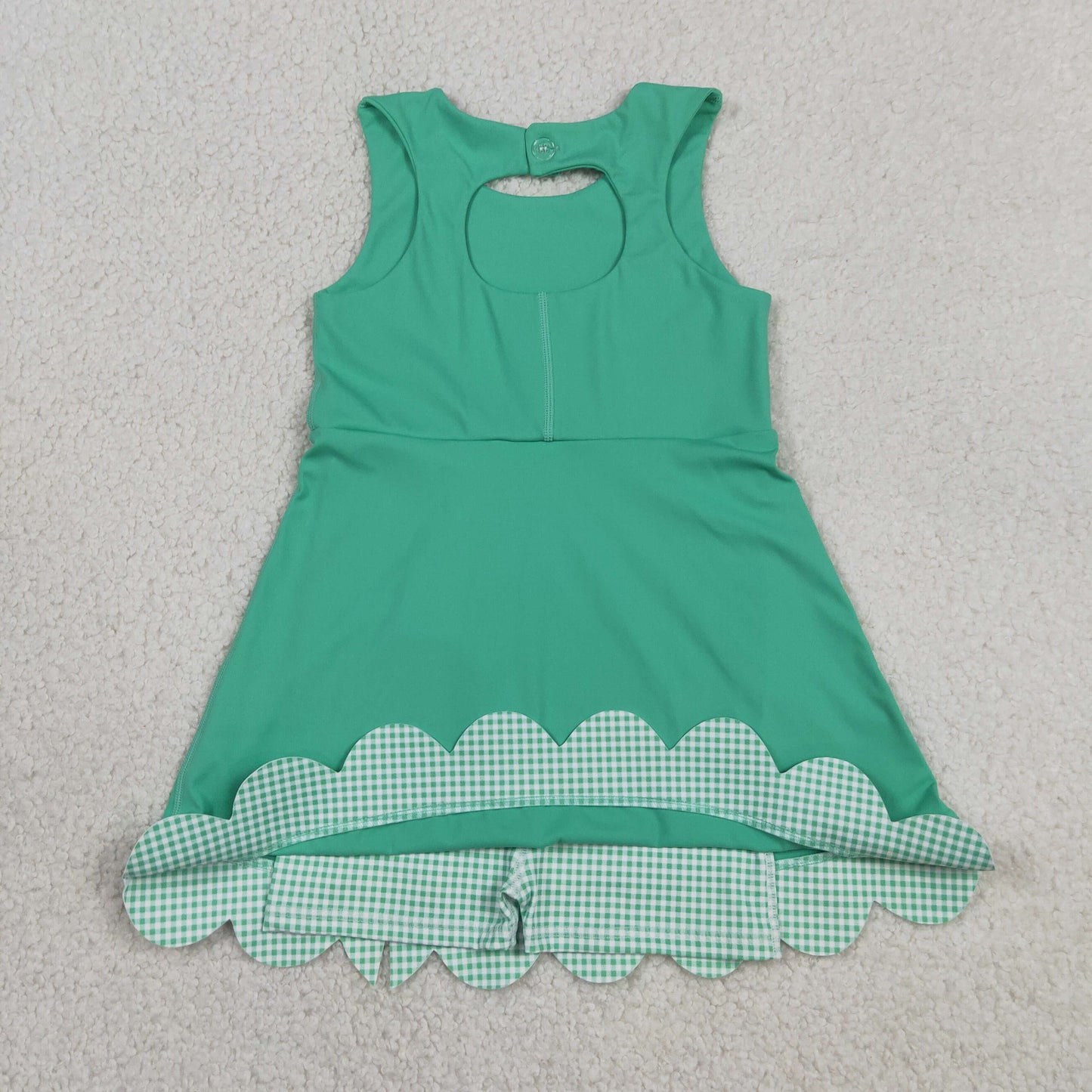 RTS NO MOQ yoga fabric GSD3029 Baby Girls Summer Green Sleeveless Yoga Active Scallop Bow Dresses