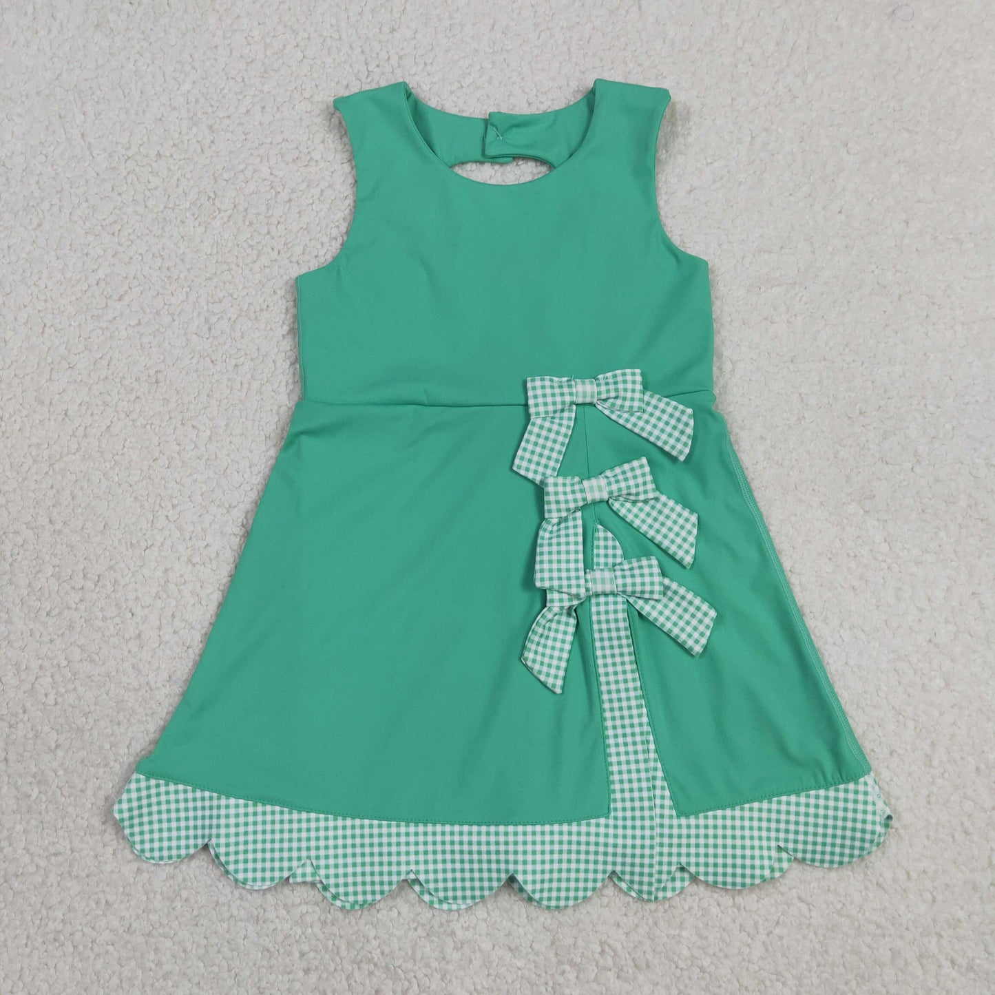 RTS NO MOQ yoga fabric GSD3029 Baby Girls Summer Green Sleeveless Yoga Active Scallop Bow Dresses