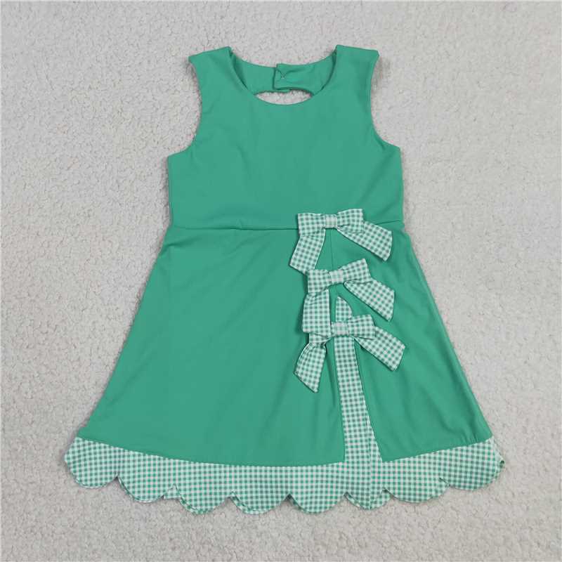 RTS NO MOQ Sibling yoga fabric Baby Girls Bow Scallop Trim Knee Length  Athletic Short Dress