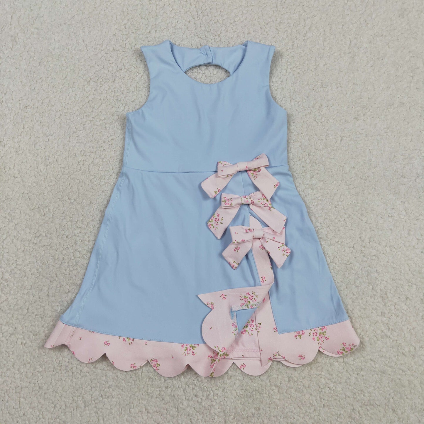 RTS NO MOQ Sibling Baby Girls Bow Scallop Ruffle Yoga Knee Length Dress