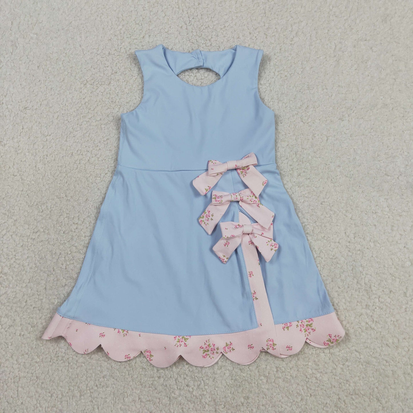 RTS NO MOQ Sibling Baby Girls Bow Scallop Ruffle Yoga Knee Length Dress