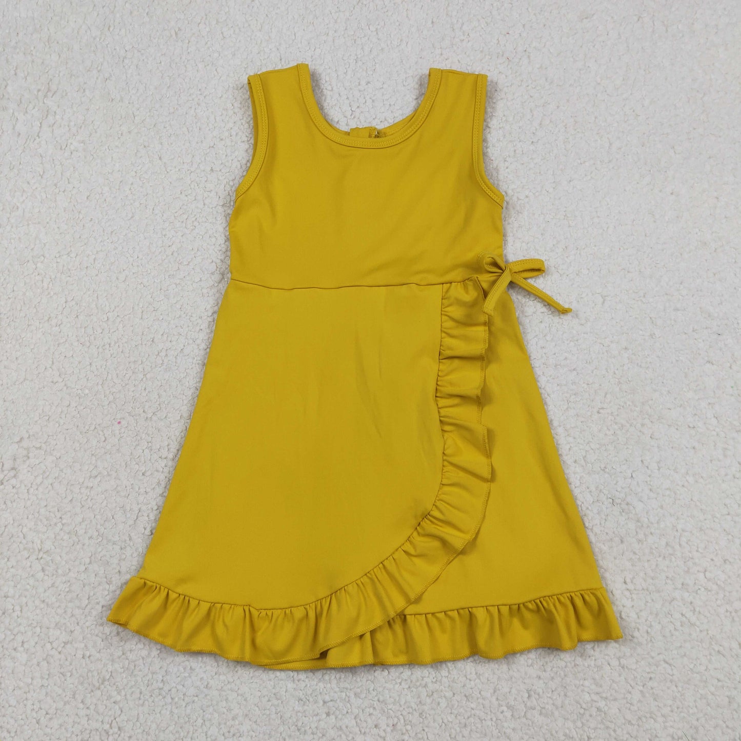 RTS NO MOQ yoga fabric cotton GSD3031 Baby Girls Yellow Sleeveless Ruffle Shorts Knee Length Dresses