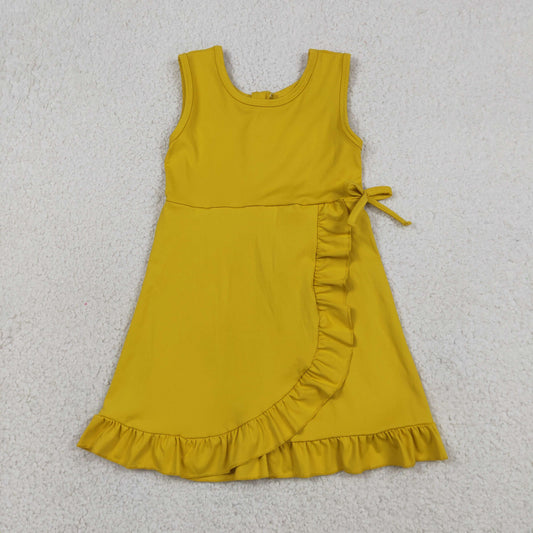 RTS NO MOQ yoga fabric cotton GSD3031 Baby Girls Yellow Sleeveless Ruffle Shorts Knee Length Dresses