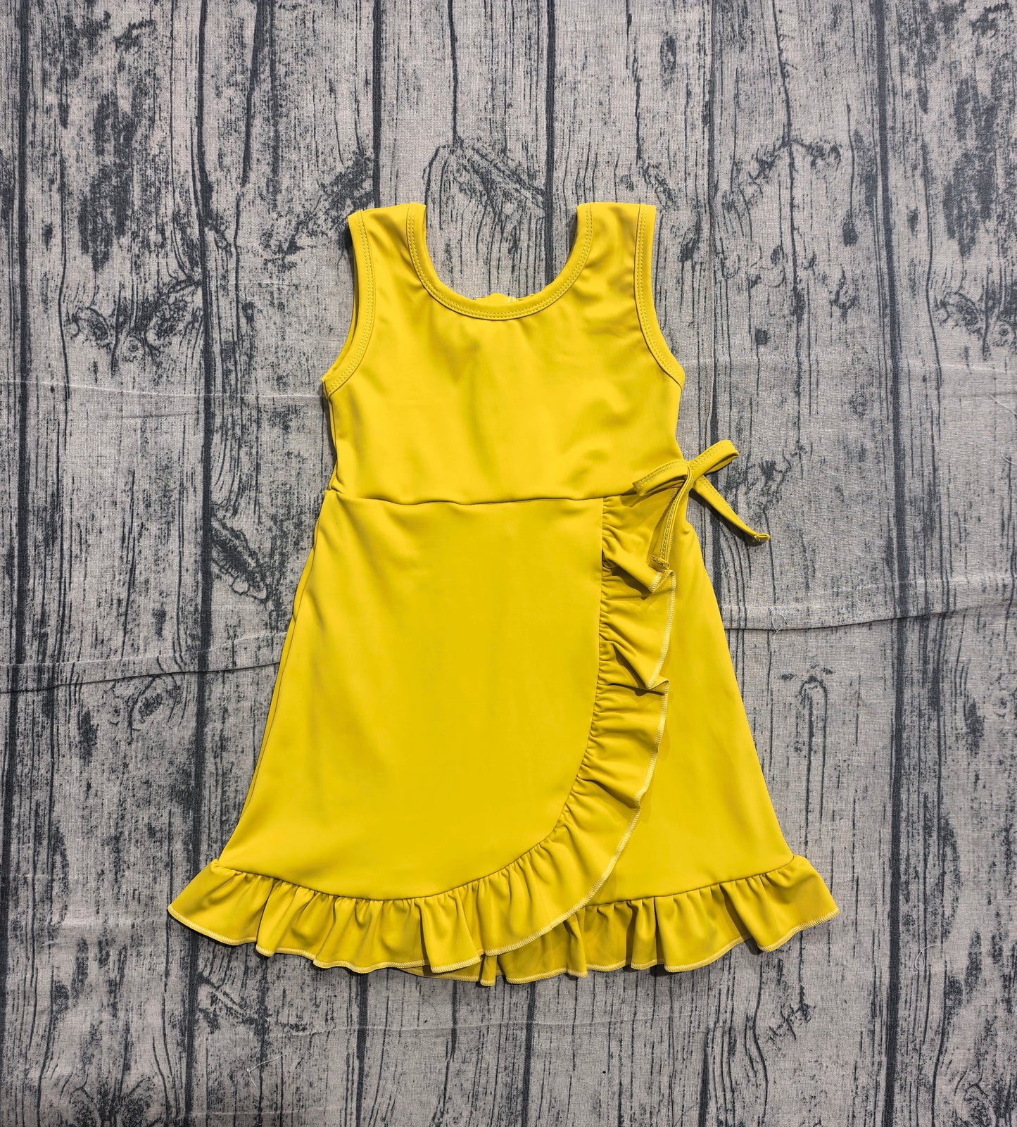 (Sample) No moq yoga fabric GSD3031 Yoga Baby Girls Cute Yellow Sleeveless Ruffle Knee Length Dress