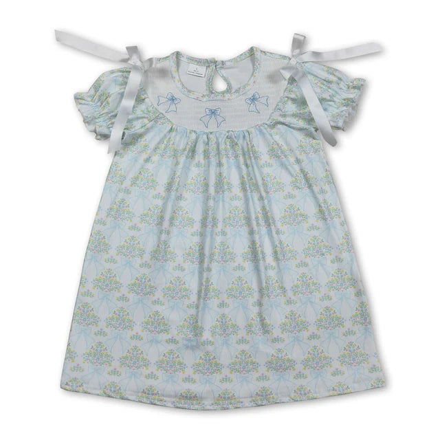 RTS NO MOQ Sibling milk silk Smocked Bows Flower Checked Knee Length Dress