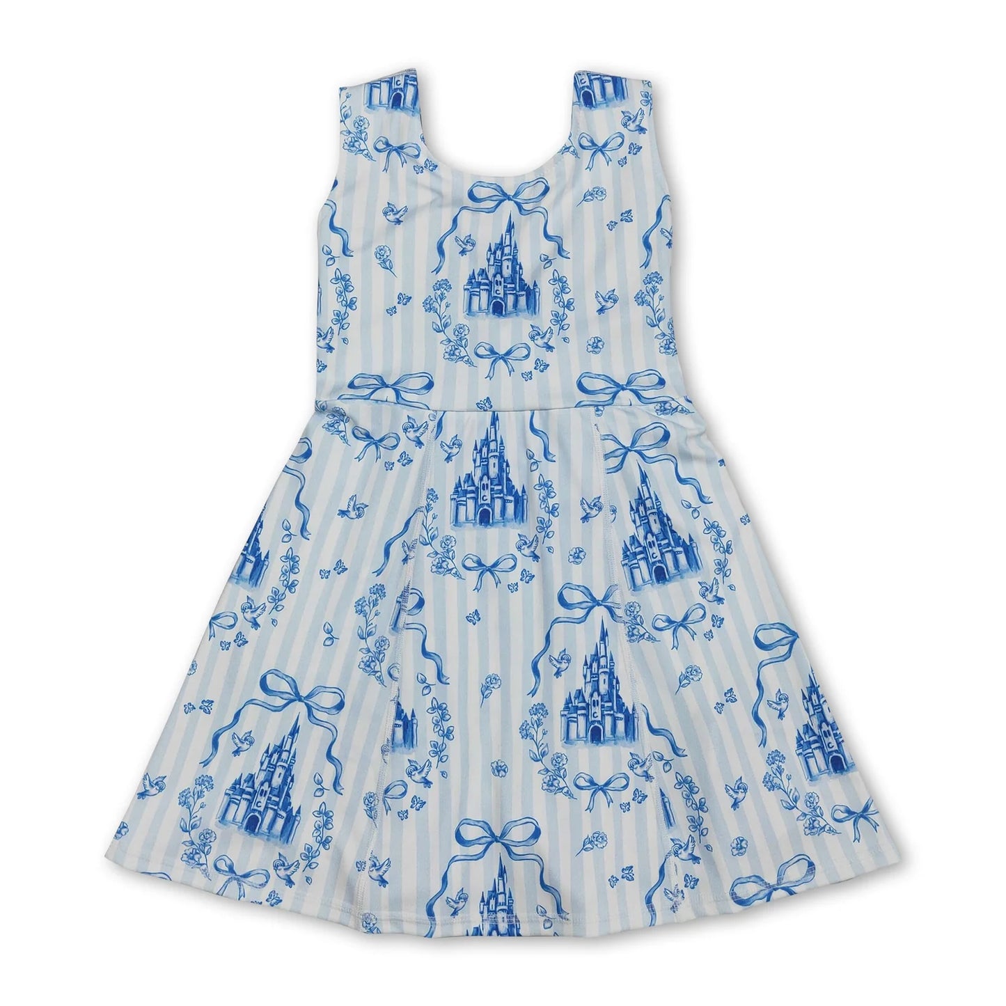 RTS NO MOQ Sibling milk silk Baby Girls Blue Stripe Bow Print Ruffle Tunic Top Bell Bottom Pants Set Dress Rompers