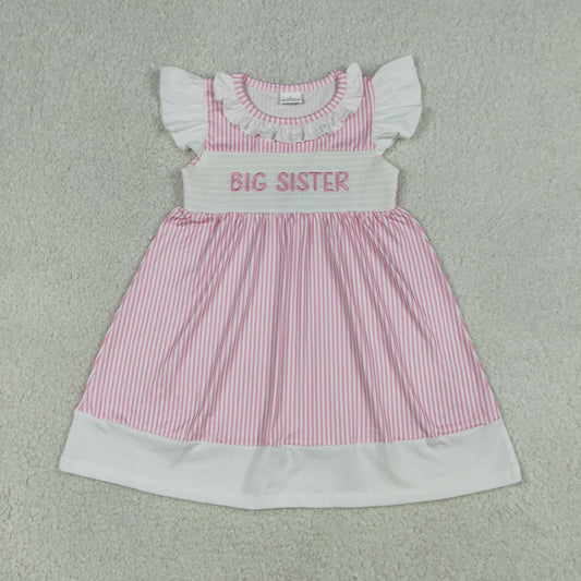 RTS NO MOQ GSD3153 Baby Girls Smocked Big Sister Flutter Sleeves Pink Stripe Knee-Length Dress Casual Wear for Girls（3-6M-7-8T）