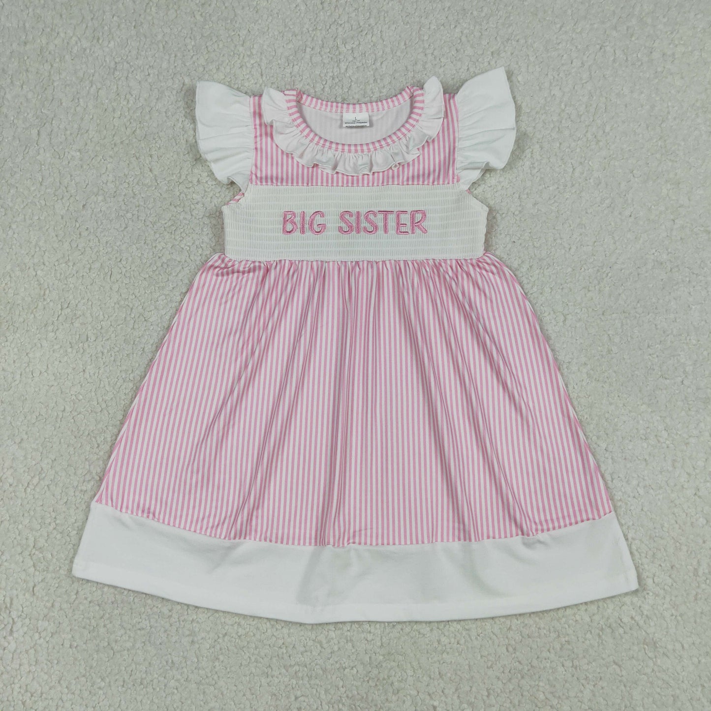 RTS NO MOQ Sibling Baby Girls Smocked Big Sister Flutter Sleeves Pink Stripe Knee-Length Dress Casual Wear（3-6M-7-8T）