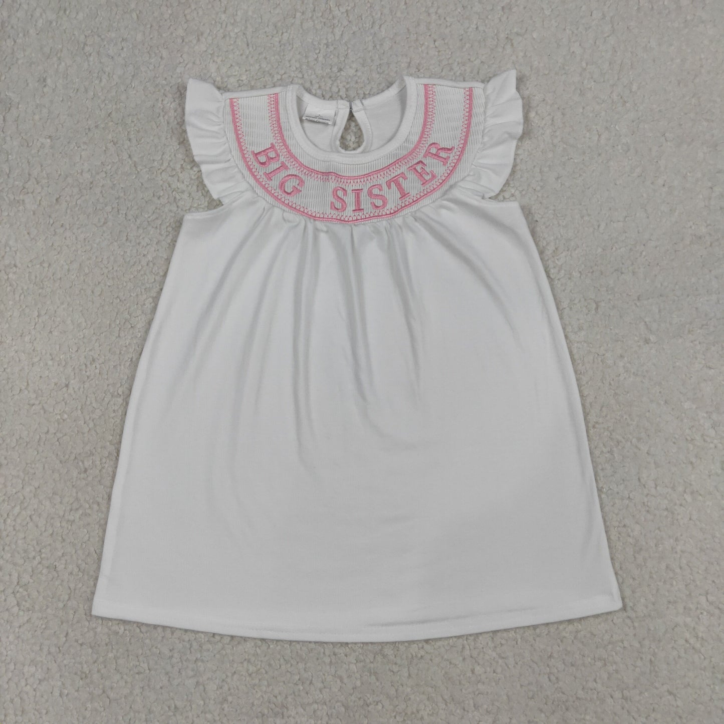 RTS NO MOQ Sibling Baby Girls Smocked Big Sister Flutter Sleeves Pink Stripe Knee-Length Dress Casual Wear（3-6M-7-8T）