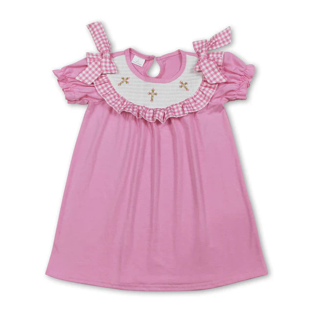 RTS NO MOQ Sibling milk silk Smocked Bows Flower Checked Knee Length Dress