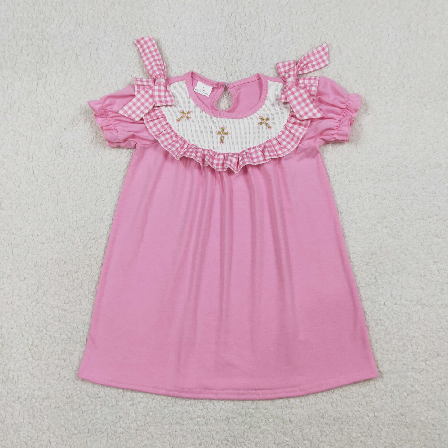 RTS NO MOQ Sibling Baby Girls Smocked Easter Crosses Ruffle Sleeves Knee Length Dress
