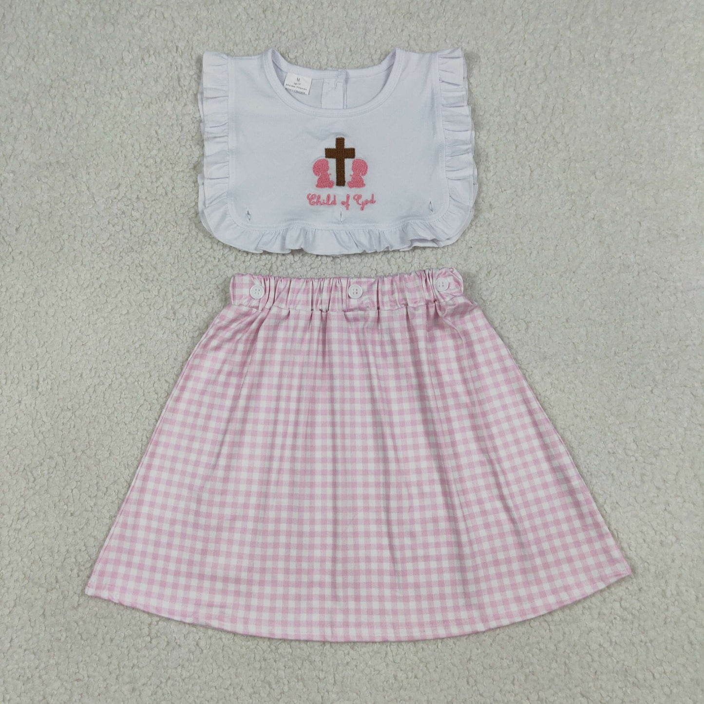 RTS NO MOQ Sibling Baby Boys Embroidery Child of God Top Checked Shorts Set Girls Pink Knee-Length Dress