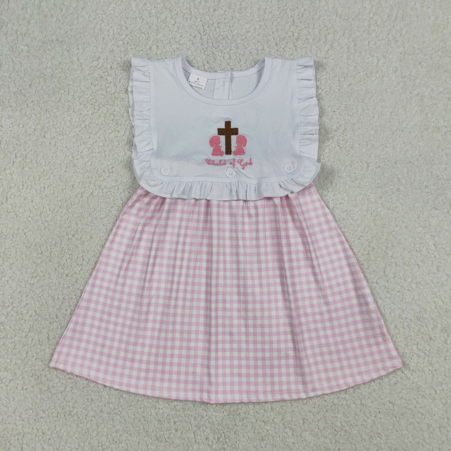 RTS NO MOQ GSD3201 Baby Girls Pink Checked Knee-Length Dress Embroidery Cross 'Child of God' Cute Dress