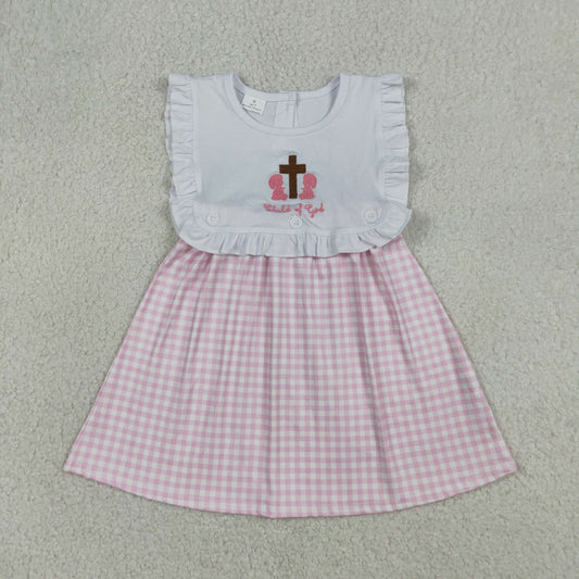 RTS NO MOQ GSD3201 Baby Girls Pink Checked Knee-Length Dress Embroidery Cross 'Child of God' Cute Dress