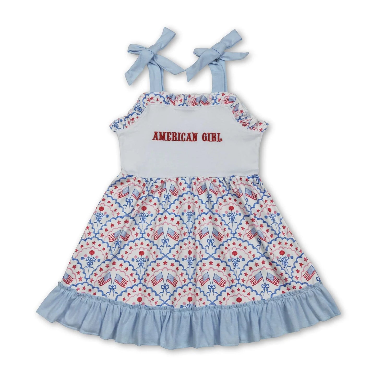 RTS NO MOQ Sibling milk silk Baby Girl 4th of July Embroidery Flag Strap Bow Ruffle Knee Length Dress Rompers