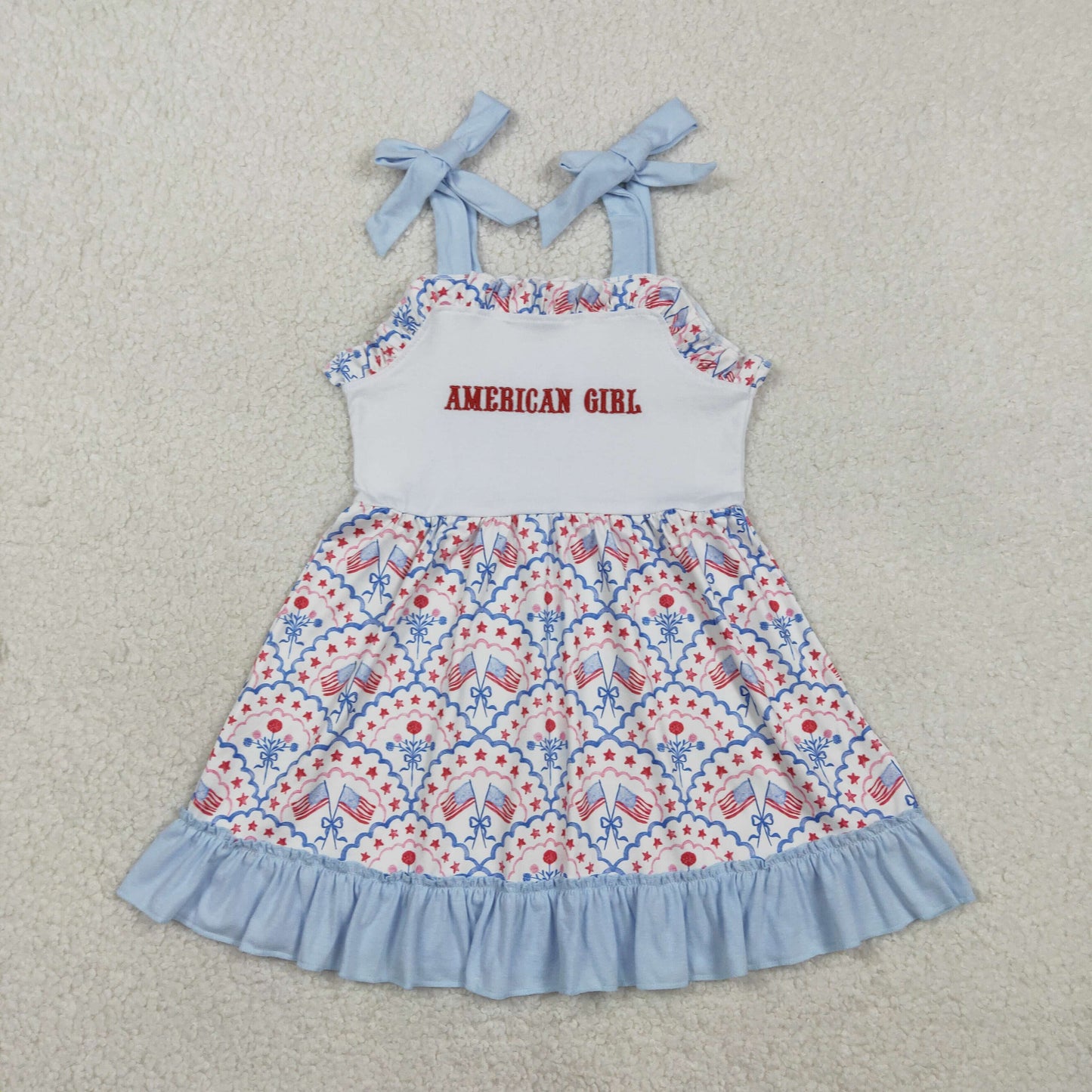 RTS NO MOQ Sibling Baby Girls Ruffle Knee-Length Dress with Embroidered American Flags And Straps Bows for 4th of July