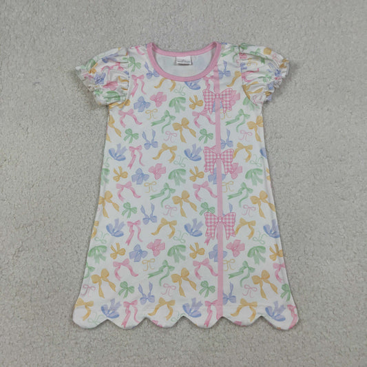 RTS NO MOQ GSD3245 Baby Girls Scallop Edge Knee-Length Dress Colorful Bows