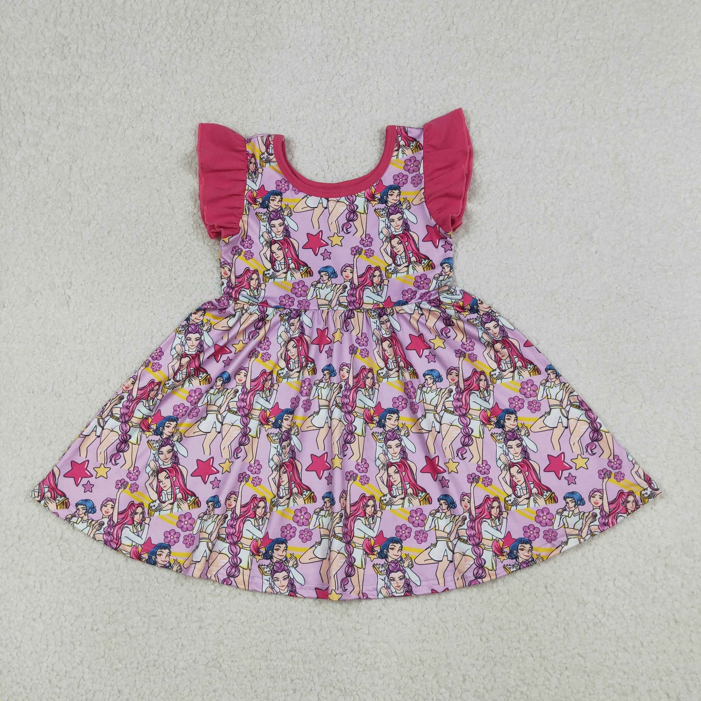 RTS NO MOQ GSD3273 Cute Clothes Baby Girls Pink Floral Flutter Sleeves Knee-Length Dress