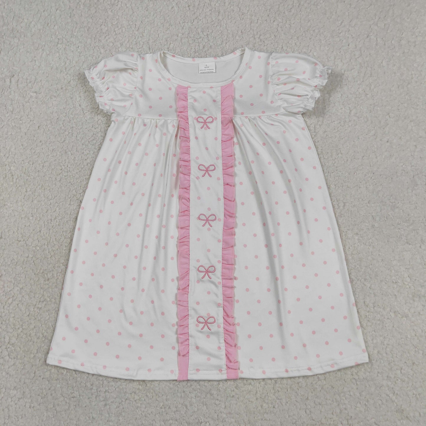 RTS NO MOQ GSD3312 Toddler Girls Sweet Embroidery Bows Pink Polka Dot Knee Length Dresses