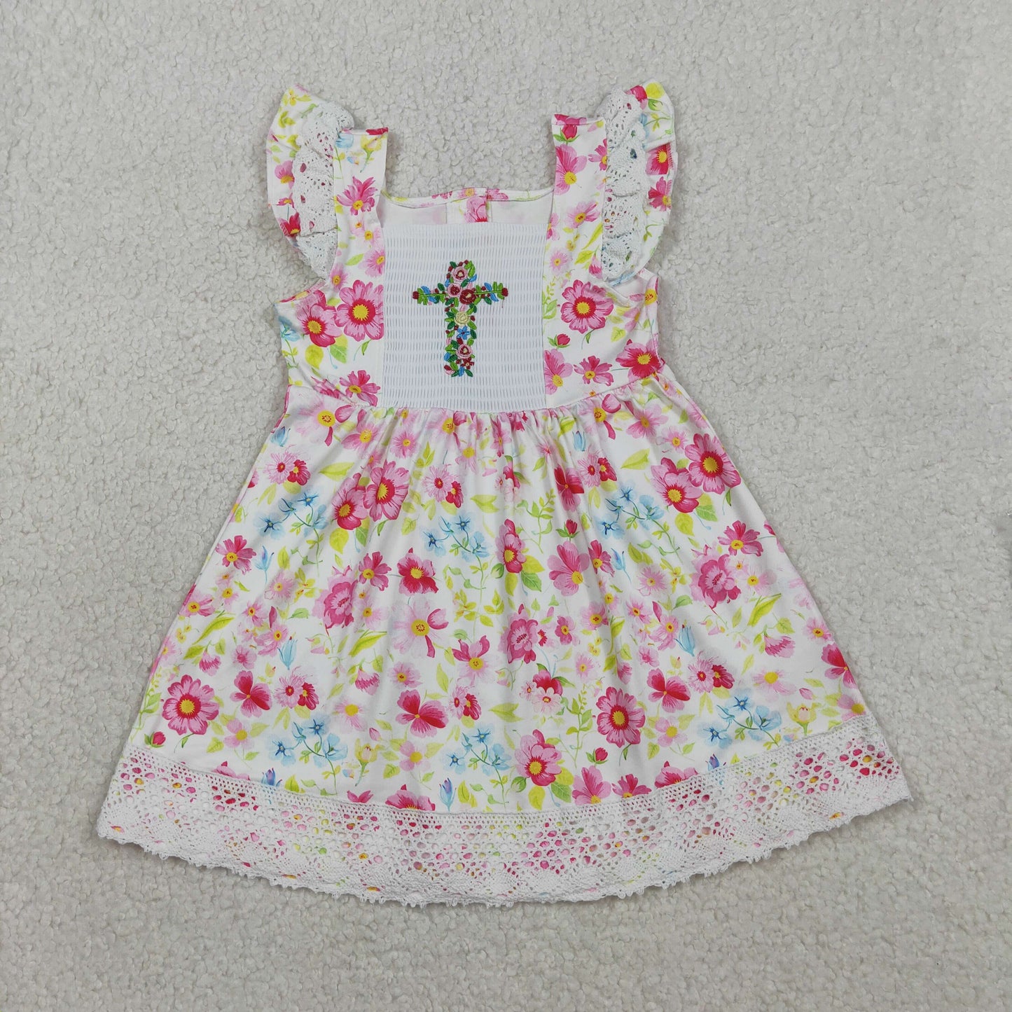 RTS NO MOQ GSD3313 Smocked Floral Cross Baby Girls Easter Lace Ruffle Knee-Length Dresses