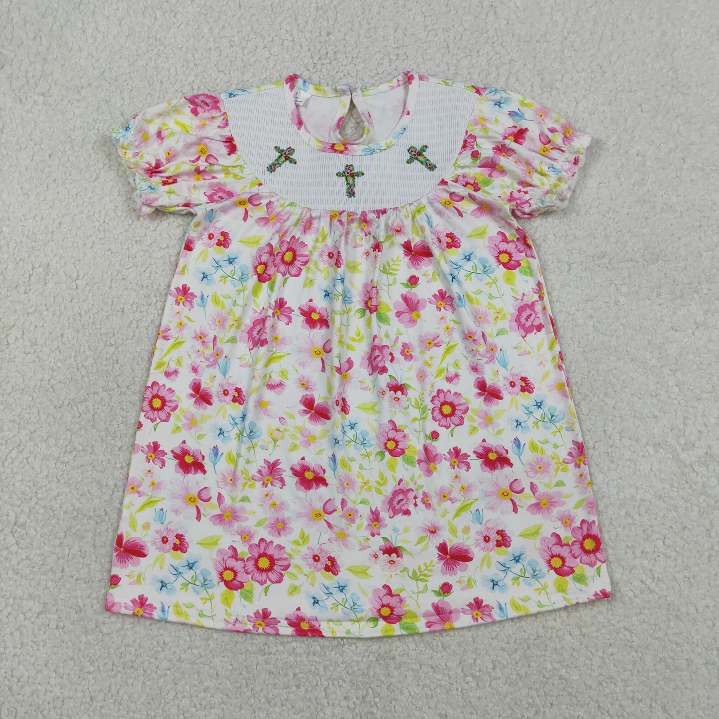 RTS NO MOQ Sibling Baby Girls Smocked Easter Crosses Ruffle Sleeves Knee Length Dress