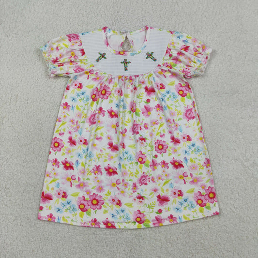 RTS NO MOQ Smocked Floral Crosses Baby Girls Easter Flowers Knee Length Dresses