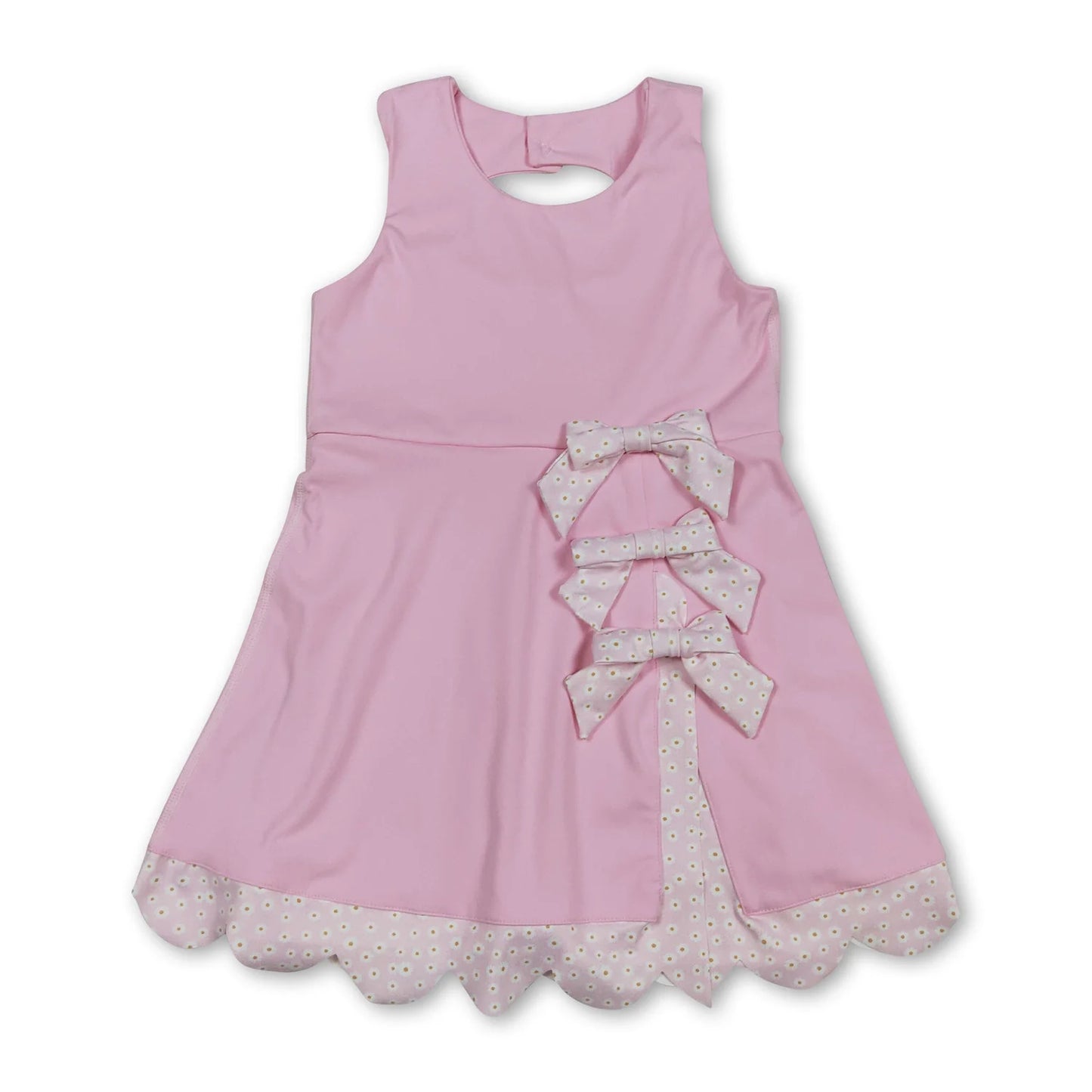 RTS NO MOQ Sibling yoga fabric Baby Girls Bow Scallop Trim Knee Length  Athletic Short Dress